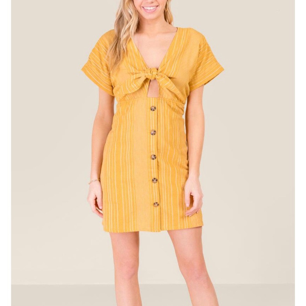 Mustard Striped Tie-Front Dress